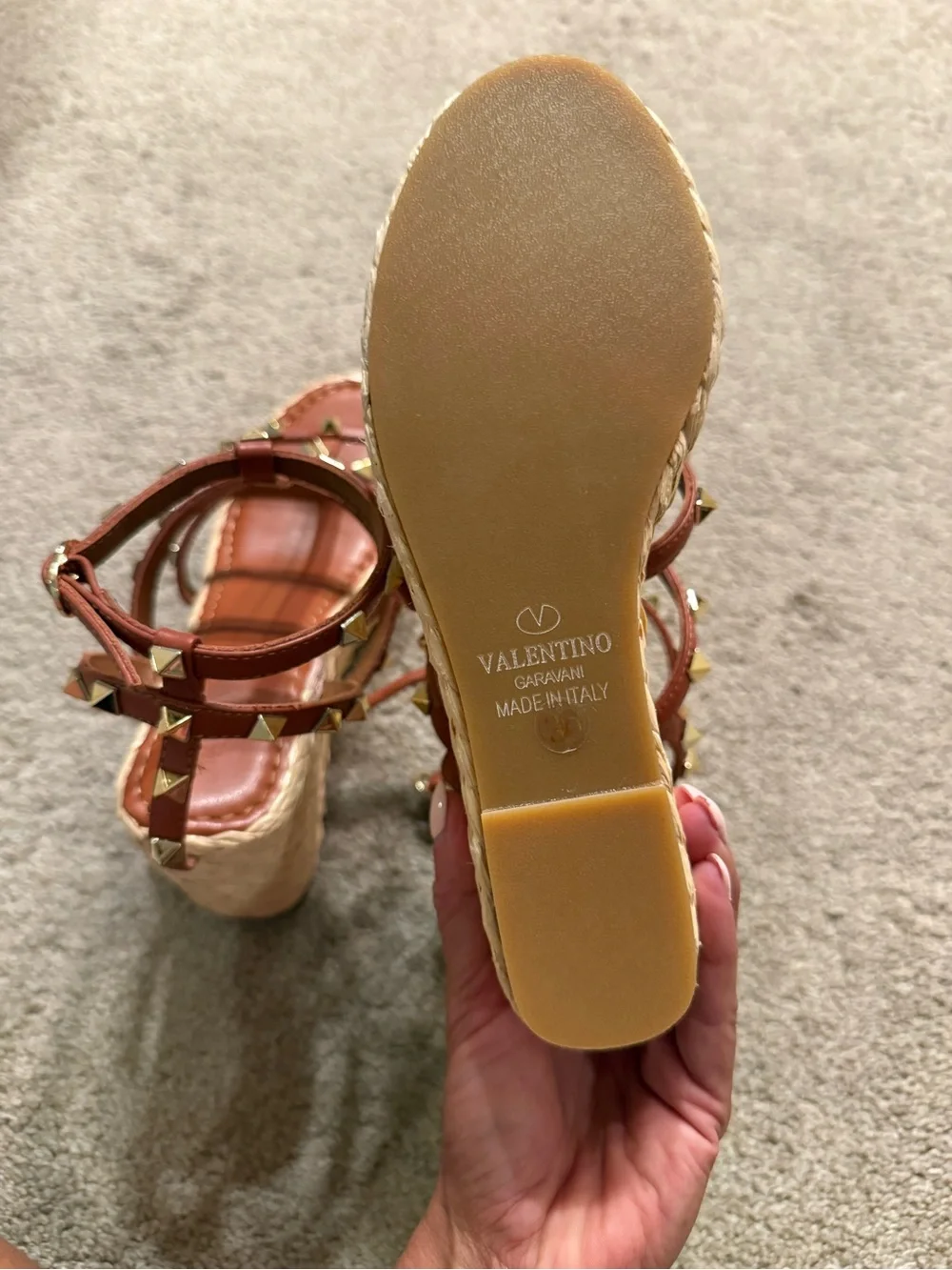Valentino Tan Rockstud Espadrille Wedge Sandals